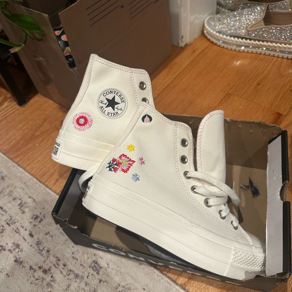 Converse White High-Top Sneakers with Floral Embroidery